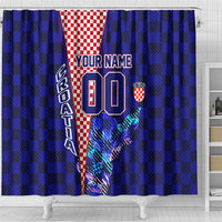 Personalized Croatia Football Shower Curtain Checkerboard Graphic - Golden Champion Trophy And Flag