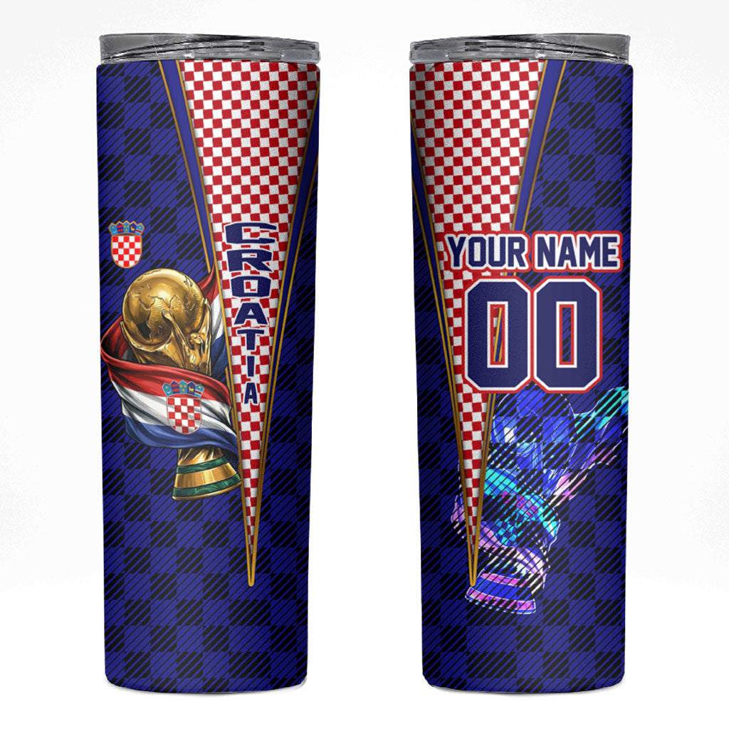 Personalized Croatia Football Skinny Tumbler Checkerboard Graphic - Golden Champion Trophy And Flag