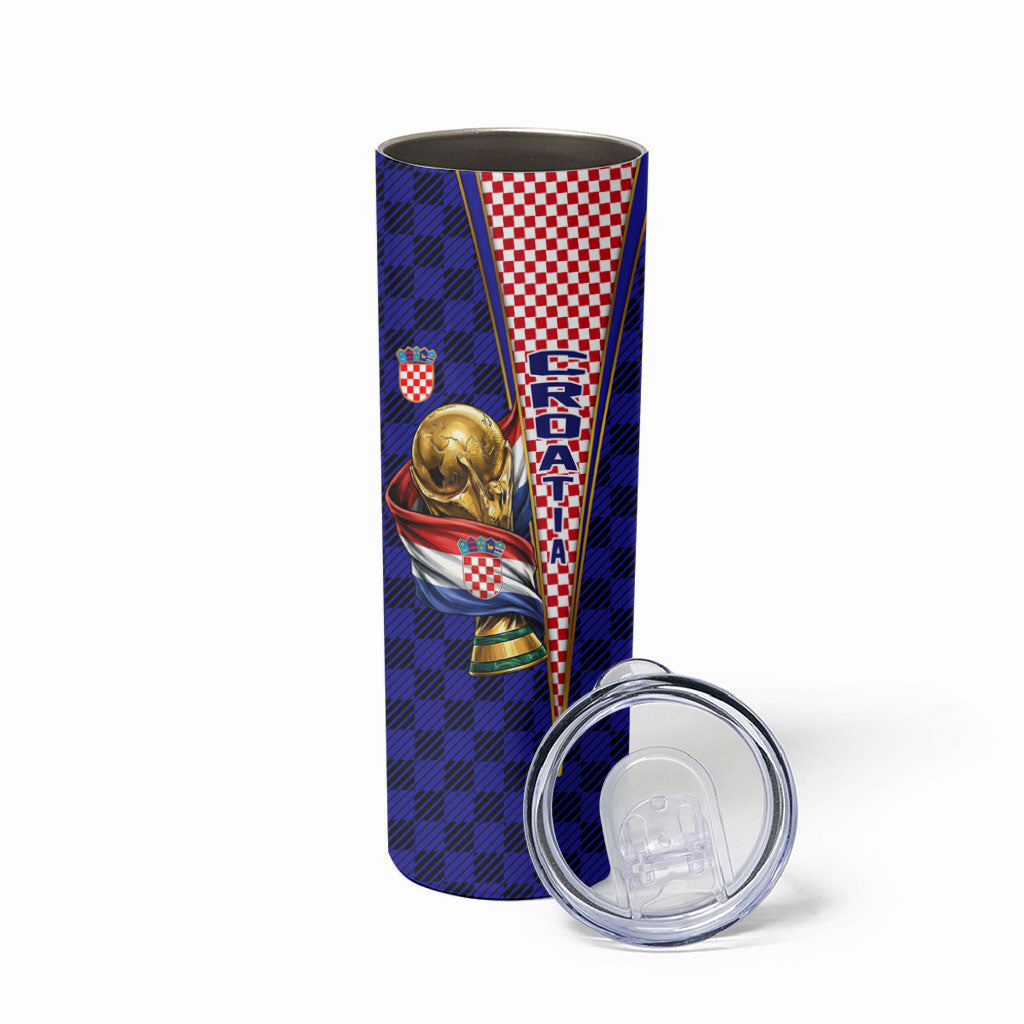Personalized Croatia Football Skinny Tumbler Checkerboard Graphic - Golden Champion Trophy And Flag