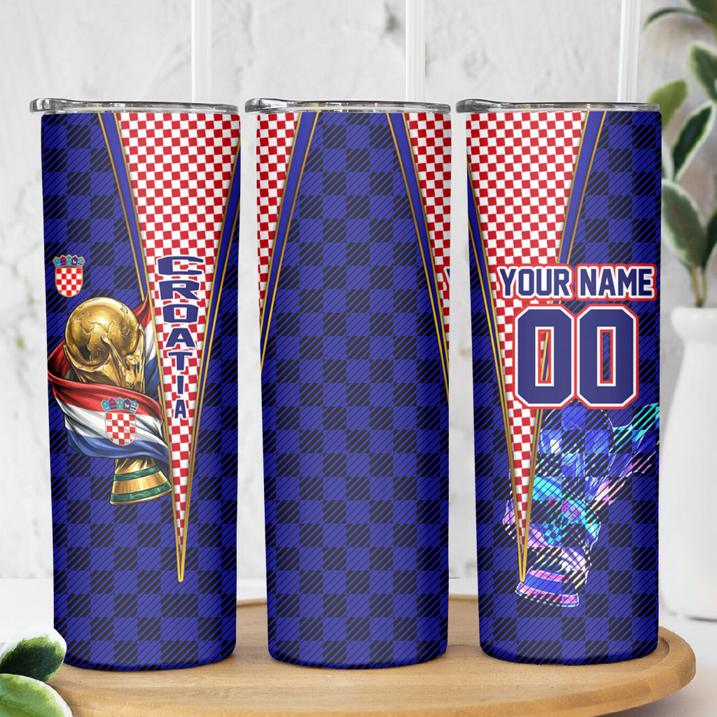 Personalized Croatia Football Skinny Tumbler Checkerboard Graphic - Golden Champion Trophy And Flag