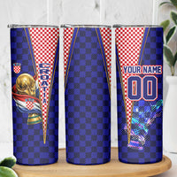 Personalized Croatia Football Skinny Tumbler Checkerboard Graphic - Golden Champion Trophy And Flag