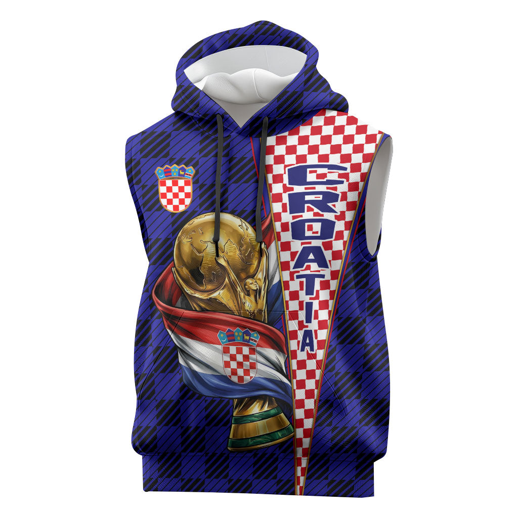 Personalized Croatia Football Sleeveless Hoodie Checkerboard Graphic - Golden Champion Trophy And Flag