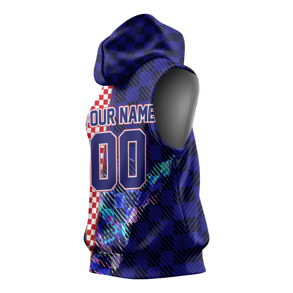 Personalized Croatia Football Sleeveless Hoodie Checkerboard Graphic - Golden Champion Trophy And Flag