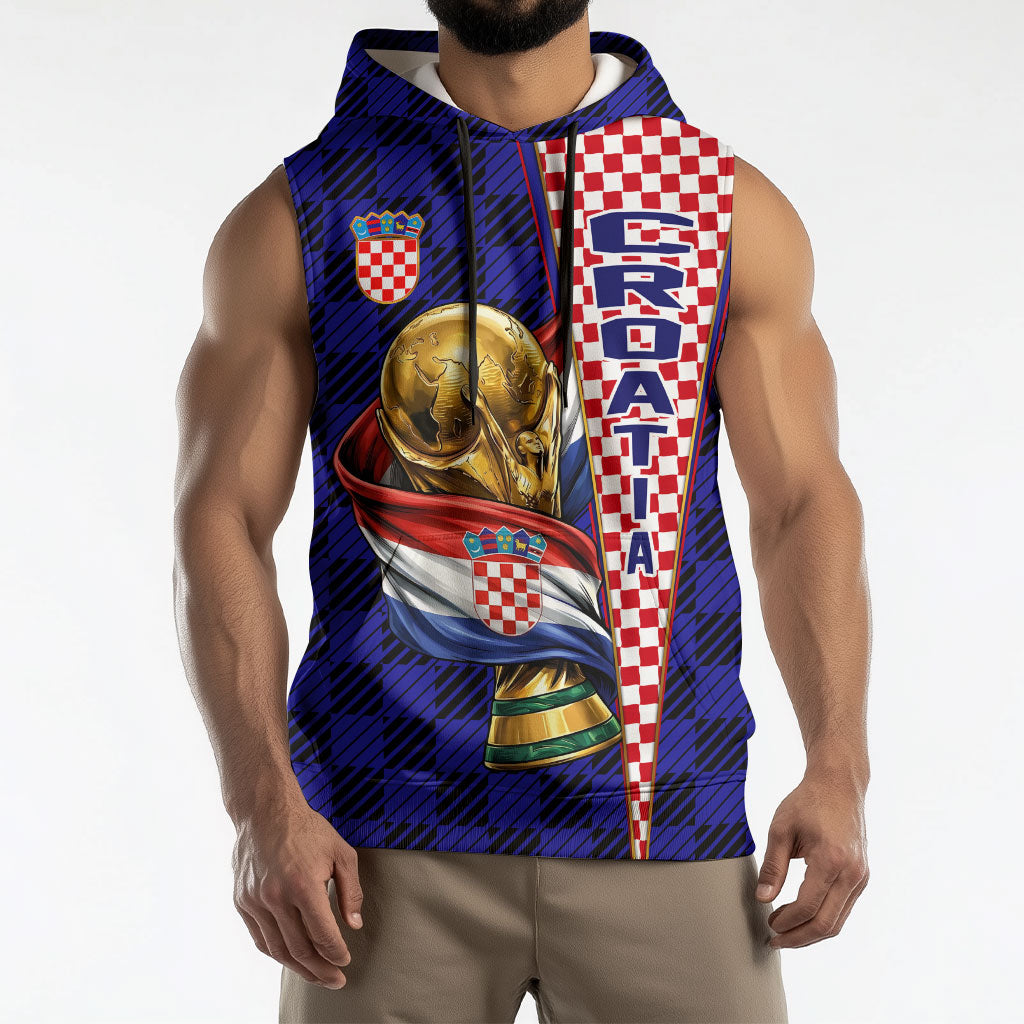 Personalized Croatia Football Sleeveless Hoodie Checkerboard Graphic - Golden Champion Trophy And Flag
