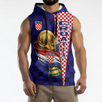 Personalized Croatia Football Sleeveless Hoodie Checkerboard Graphic - Golden Champion Trophy And Flag