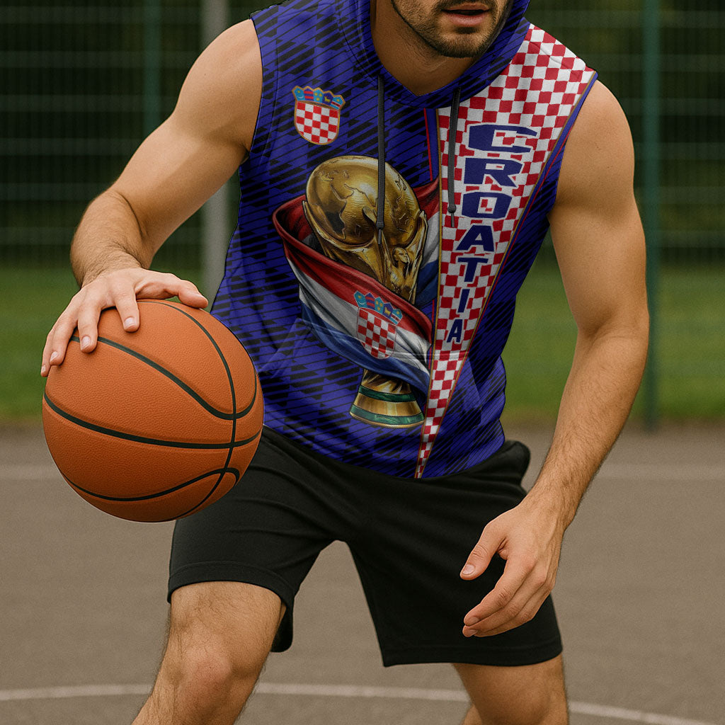 Personalized Croatia Football Sleeveless Hoodie Checkerboard Graphic - Golden Champion Trophy And Flag