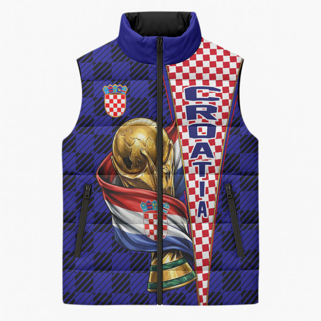Personalized Croatia Football Sleeveless Puffer Jacket Checkerboard Graphic - Golden Champion Trophy And Flag