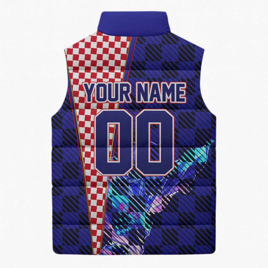 Personalized Croatia Football Sleeveless Puffer Jacket Checkerboard Graphic - Golden Champion Trophy And Flag