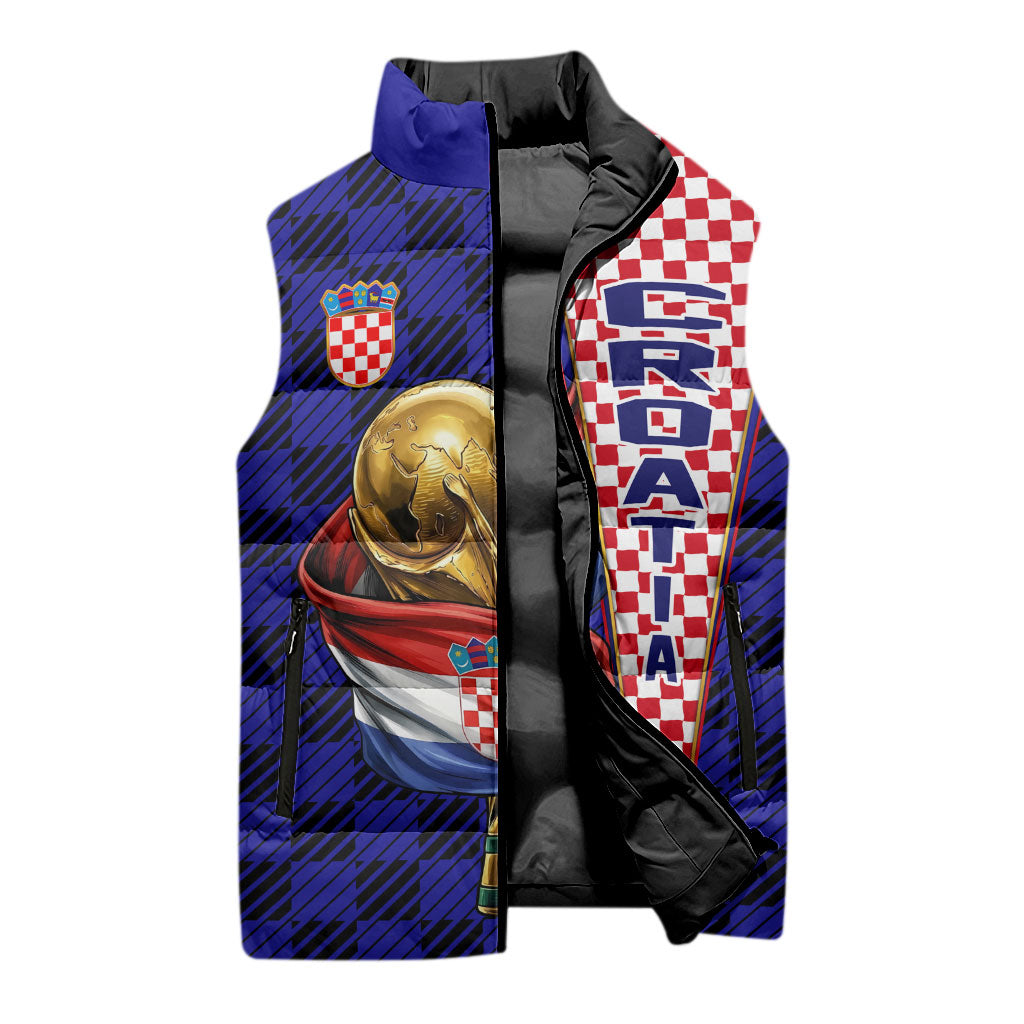 Personalized Croatia Football Sleeveless Puffer Jacket Checkerboard Graphic - Golden Champion Trophy And Flag
