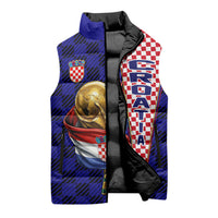 Personalized Croatia Football Sleeveless Puffer Jacket Checkerboard Graphic - Golden Champion Trophy And Flag