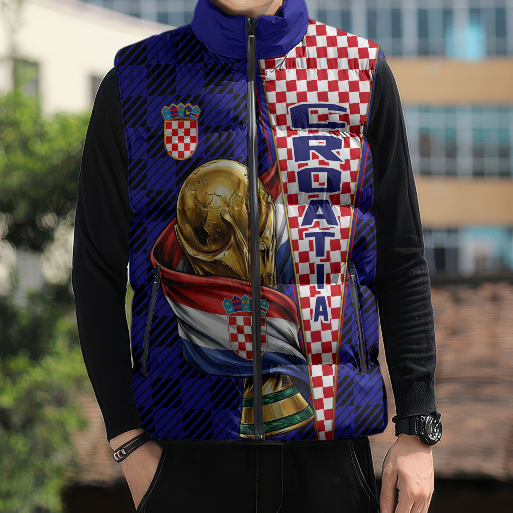 Personalized Croatia Football Sleeveless Puffer Jacket Checkerboard Graphic - Golden Champion Trophy And Flag