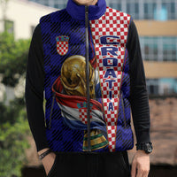 Personalized Croatia Football Sleeveless Puffer Jacket Checkerboard Graphic - Golden Champion Trophy And Flag