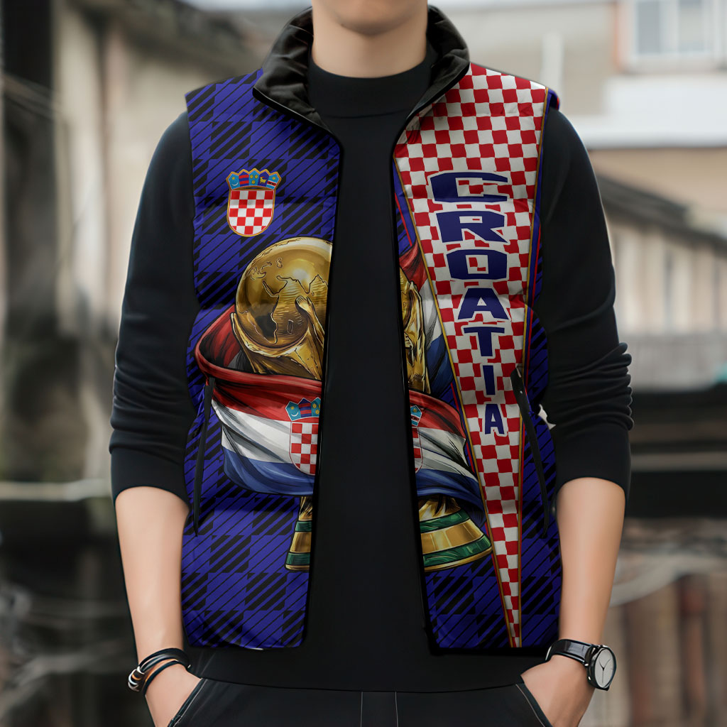 Personalized Croatia Football Sleeveless Puffer Jacket Checkerboard Graphic - Golden Champion Trophy And Flag