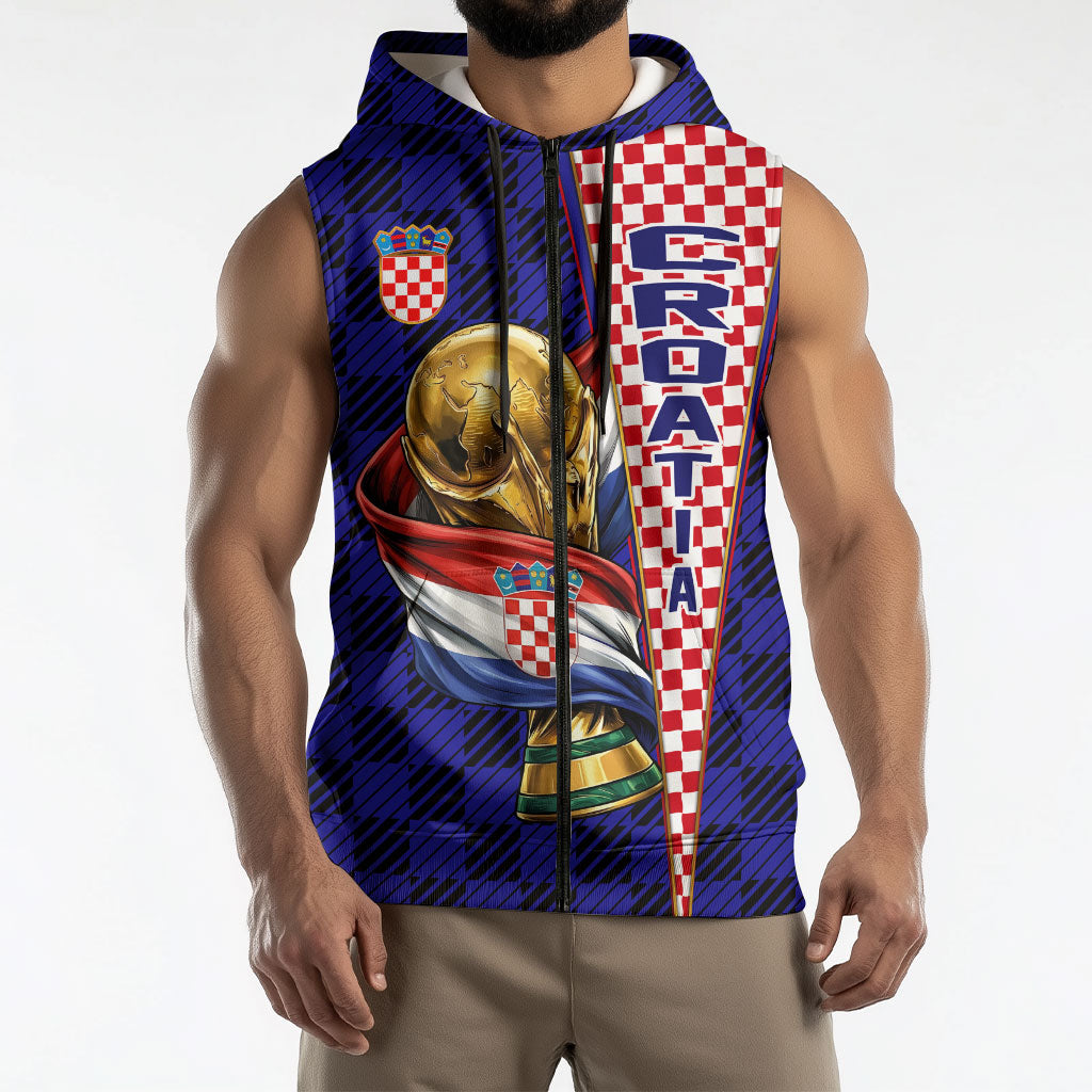 Personalized Croatia Football Sleeveless Zip Hoodie Checkerboard Graphic - Golden Champion Trophy And Flag
