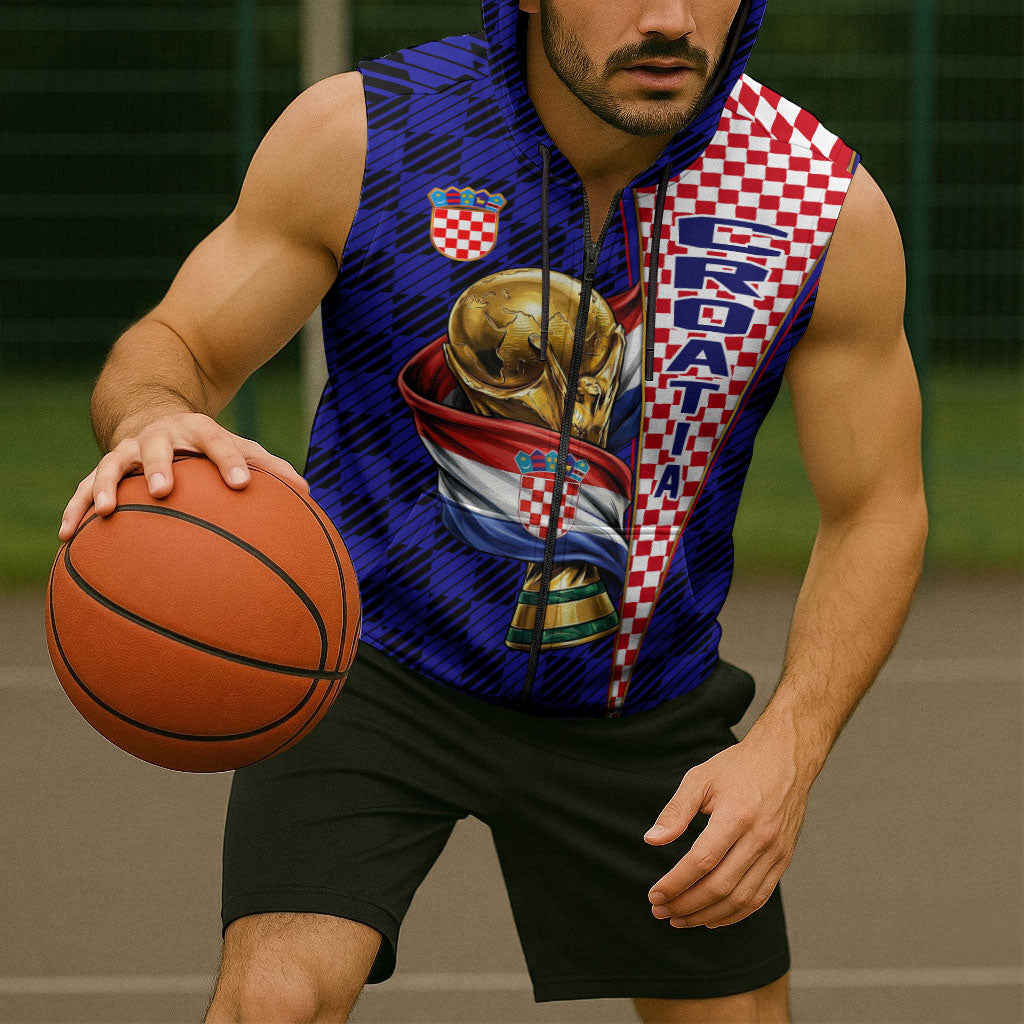 Personalized Croatia Football Sleeveless Zip Hoodie Checkerboard Graphic - Golden Champion Trophy And Flag