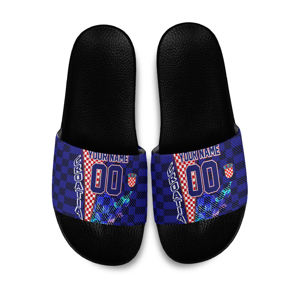 Personalized Croatia Football Slide Sandals Checkerboard Graphic - Golden Champion Trophy And Flag