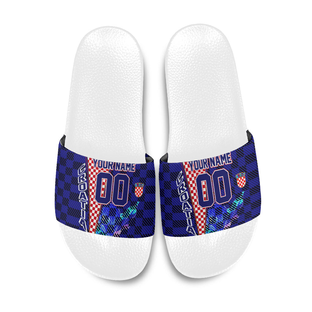 Personalized Croatia Football Slide Sandals Checkerboard Graphic - Golden Champion Trophy And Flag