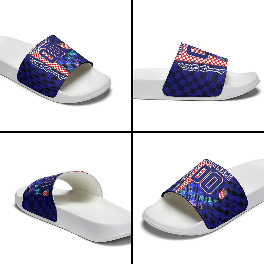 Personalized Croatia Football Slide Sandals Checkerboard Graphic - Golden Champion Trophy And Flag