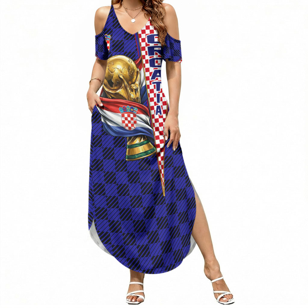 Personalized Croatia Football Summer Maxi Dress Checkerboard Graphic - Golden Champion Trophy And Flag