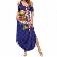 Personalized Croatia Football Summer Maxi Dress Checkerboard Graphic - Golden Champion Trophy And Flag