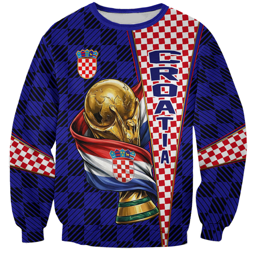 Personalized Croatia Football Sweatshirt Checkerboard Graphic - Golden Champion Trophy And Flag