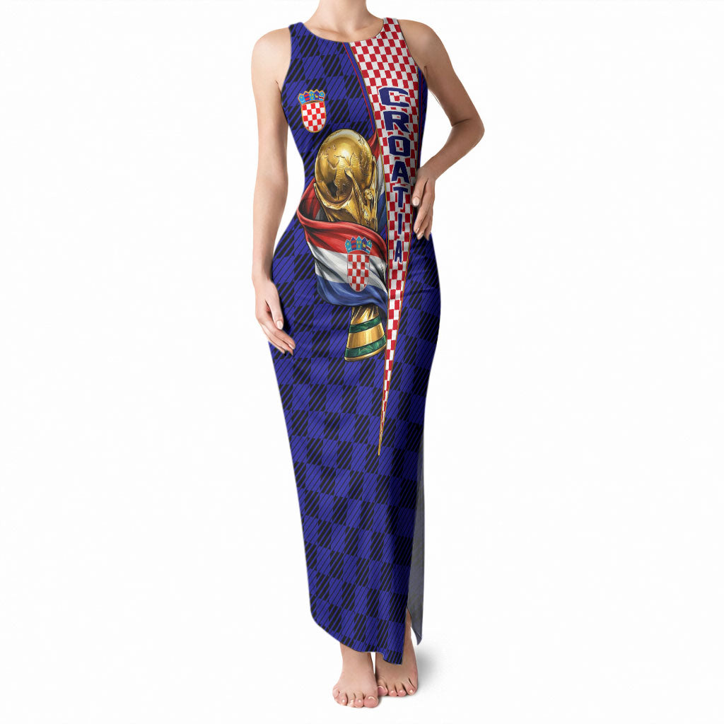 Personalized Croatia Football Tank Maxi Dress Checkerboard Graphic - Golden Champion Trophy And Flag