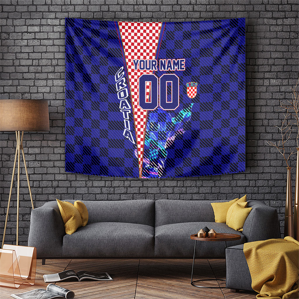 Personalized Croatia Football Tapestry Checkerboard Graphic - Golden Champion Trophy And Flag