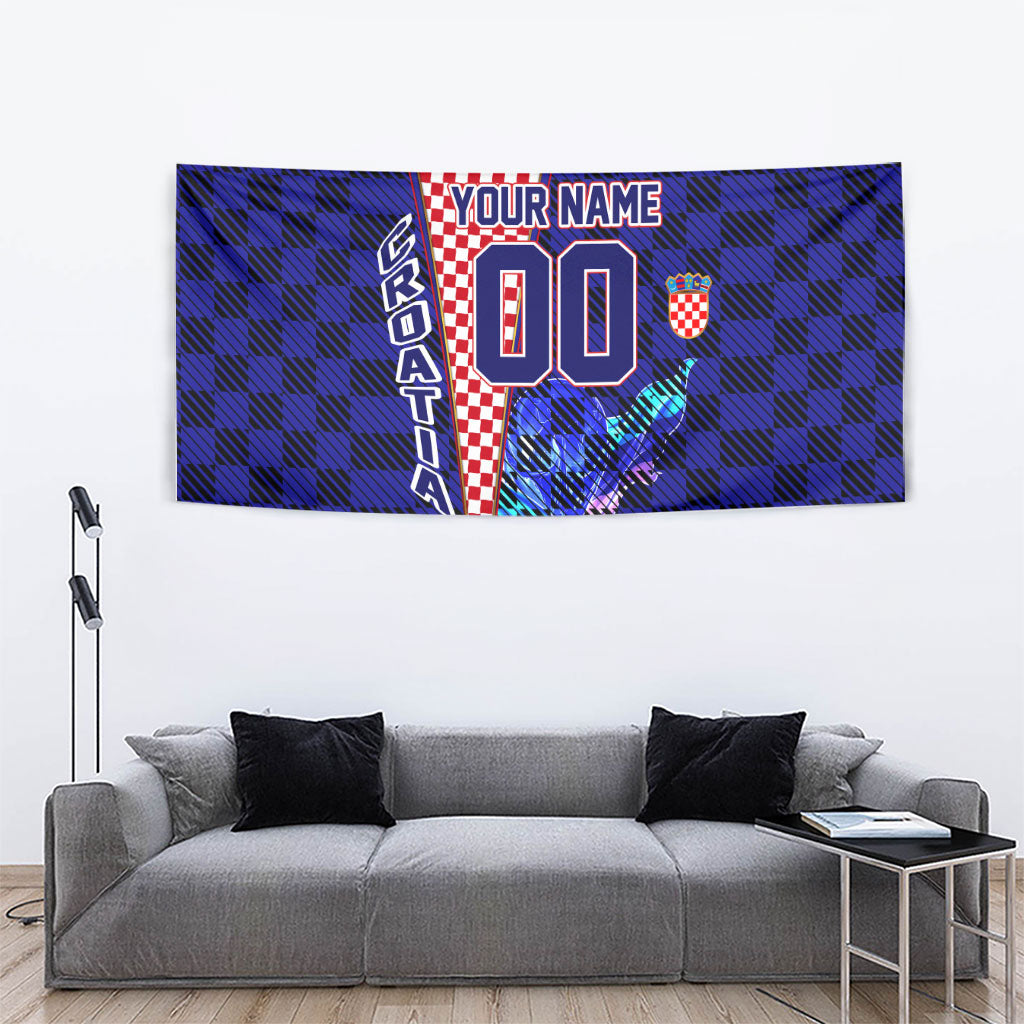 Personalized Croatia Football Tapestry Checkerboard Graphic - Golden Champion Trophy And Flag