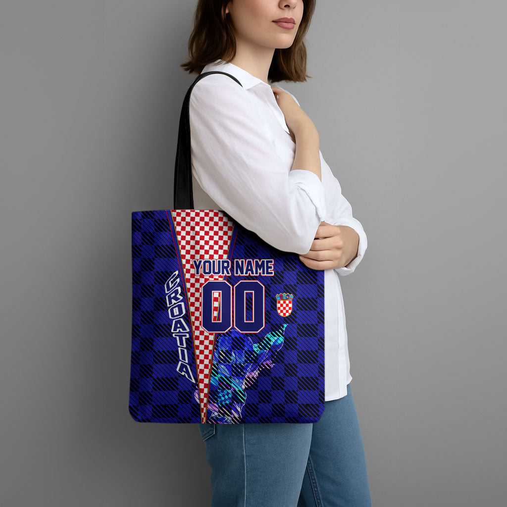 Personalized Croatia Football Tote Bag Checkerboard Graphic - Golden Champion Trophy And Flag