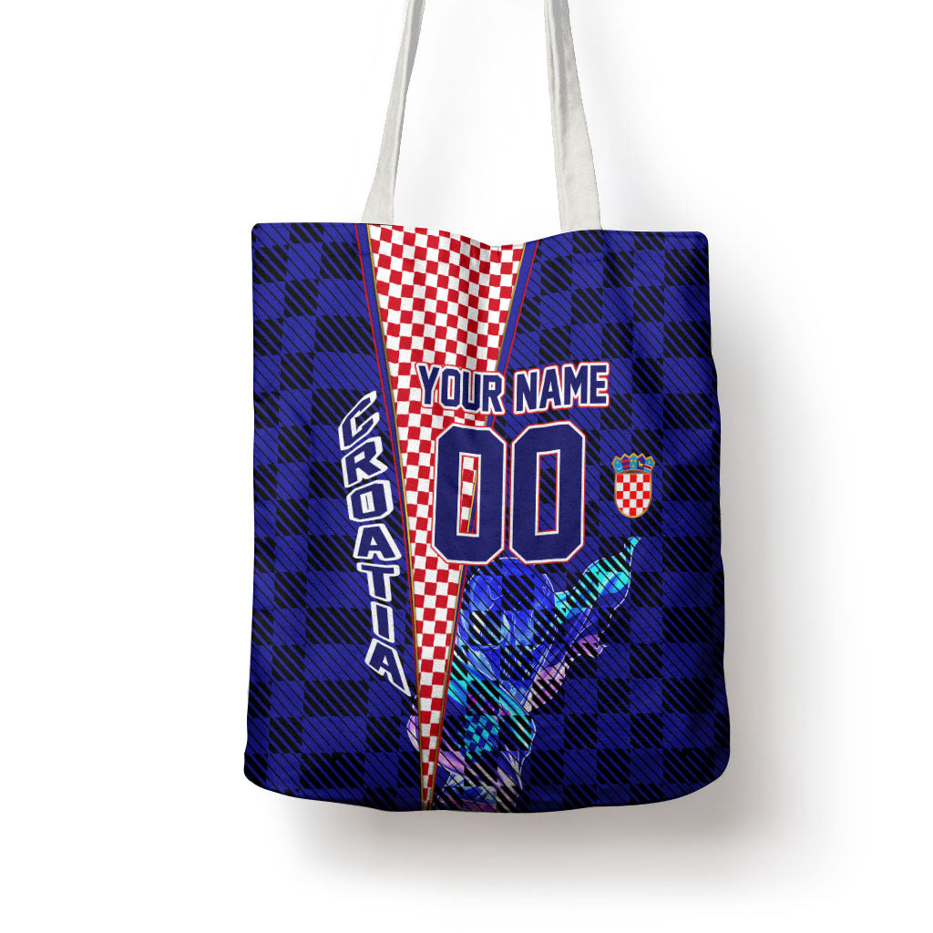 Personalized Croatia Football Tote Bag Checkerboard Graphic - Golden Champion Trophy And Flag