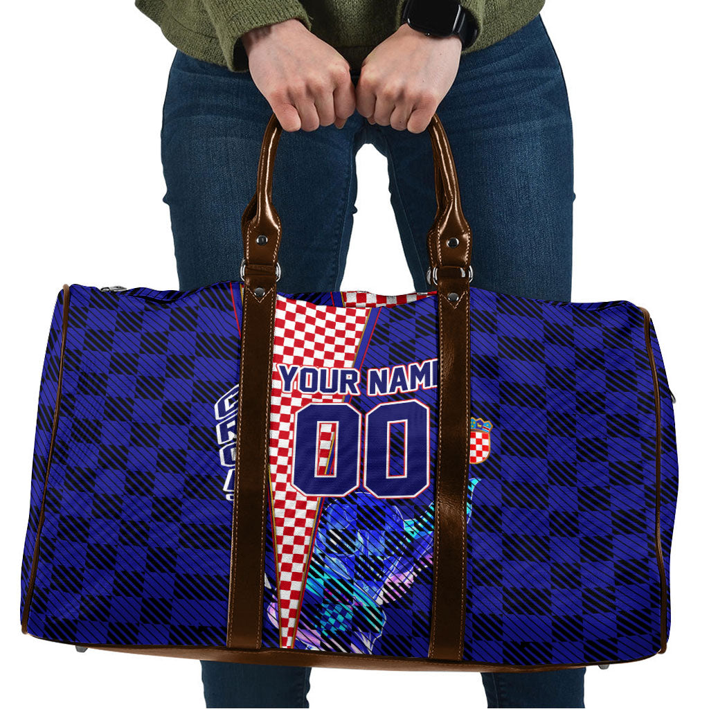 Personalized Croatia Football Travel Bag Checkerboard Graphic - Golden Champion Trophy And Flag