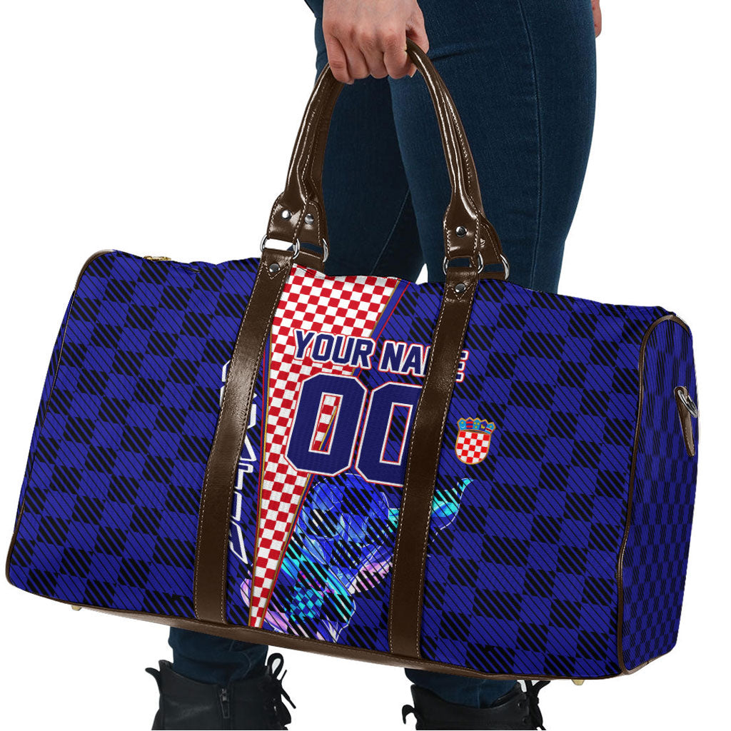 Personalized Croatia Football Travel Bag Checkerboard Graphic - Golden Champion Trophy And Flag