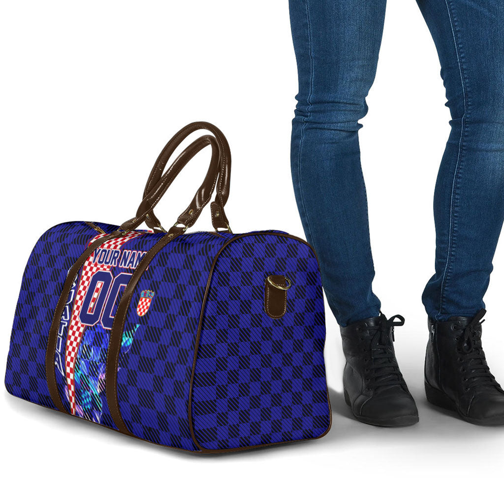 Personalized Croatia Football Travel Bag Checkerboard Graphic - Golden Champion Trophy And Flag