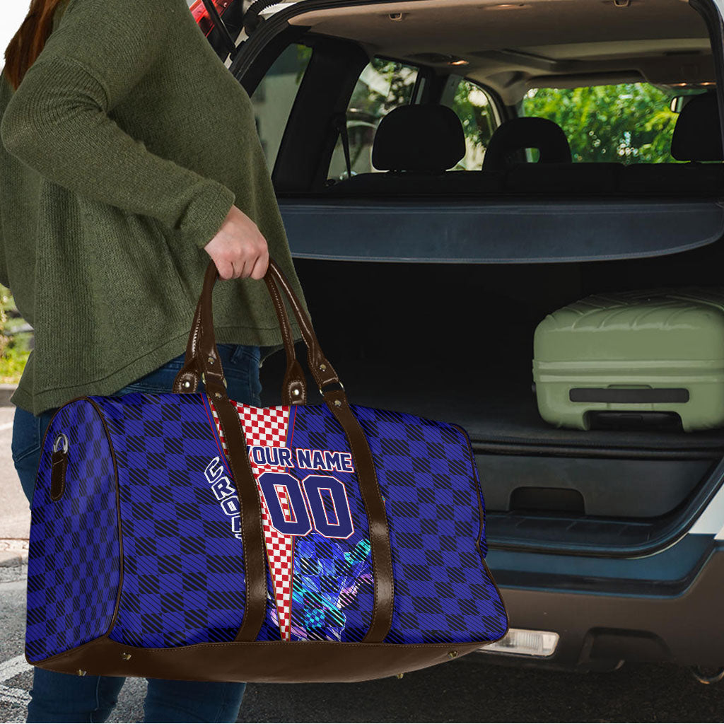 Personalized Croatia Football Travel Bag Checkerboard Graphic - Golden Champion Trophy And Flag