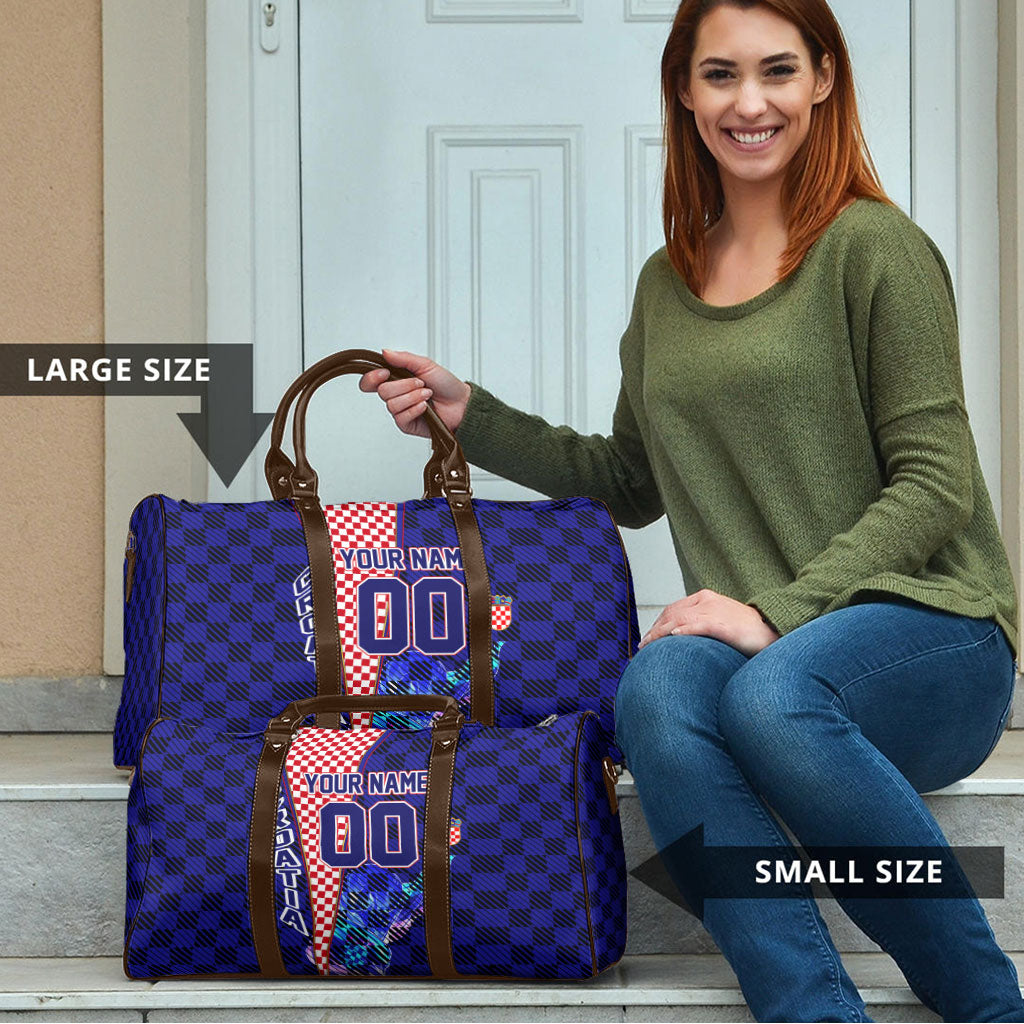 Personalized Croatia Football Travel Bag Checkerboard Graphic - Golden Champion Trophy And Flag