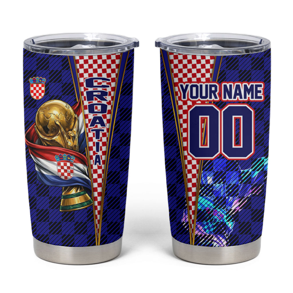 Personalized Croatia Football Tumbler Cup Checkerboard Graphic - Golden Champion Trophy And Flag