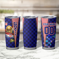 Personalized Croatia Football Tumbler Cup Checkerboard Graphic - Golden Champion Trophy And Flag