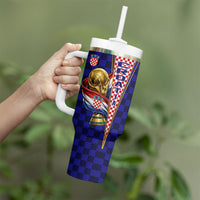 Personalized Croatia Football Tumbler With Handle Checkerboard Graphic - Golden Champion Trophy And Flag