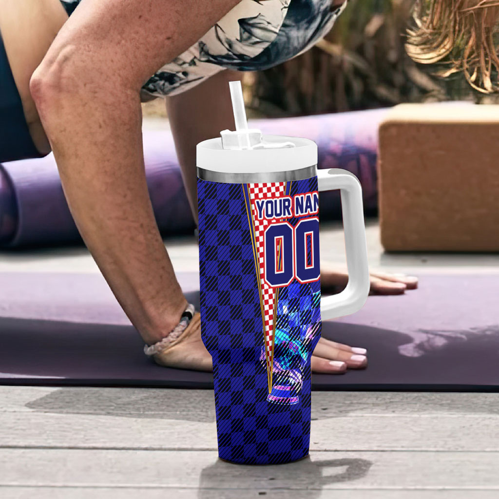 Personalized Croatia Football Tumbler With Handle Checkerboard Graphic - Golden Champion Trophy And Flag