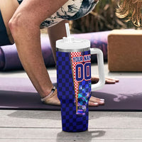 Personalized Croatia Football Tumbler With Handle Checkerboard Graphic - Golden Champion Trophy And Flag