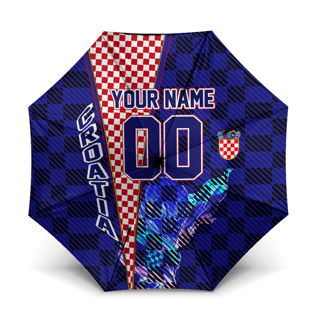 Personalized Croatia Football Umbrella Checkerboard Graphic - Golden Champion Trophy And Flag