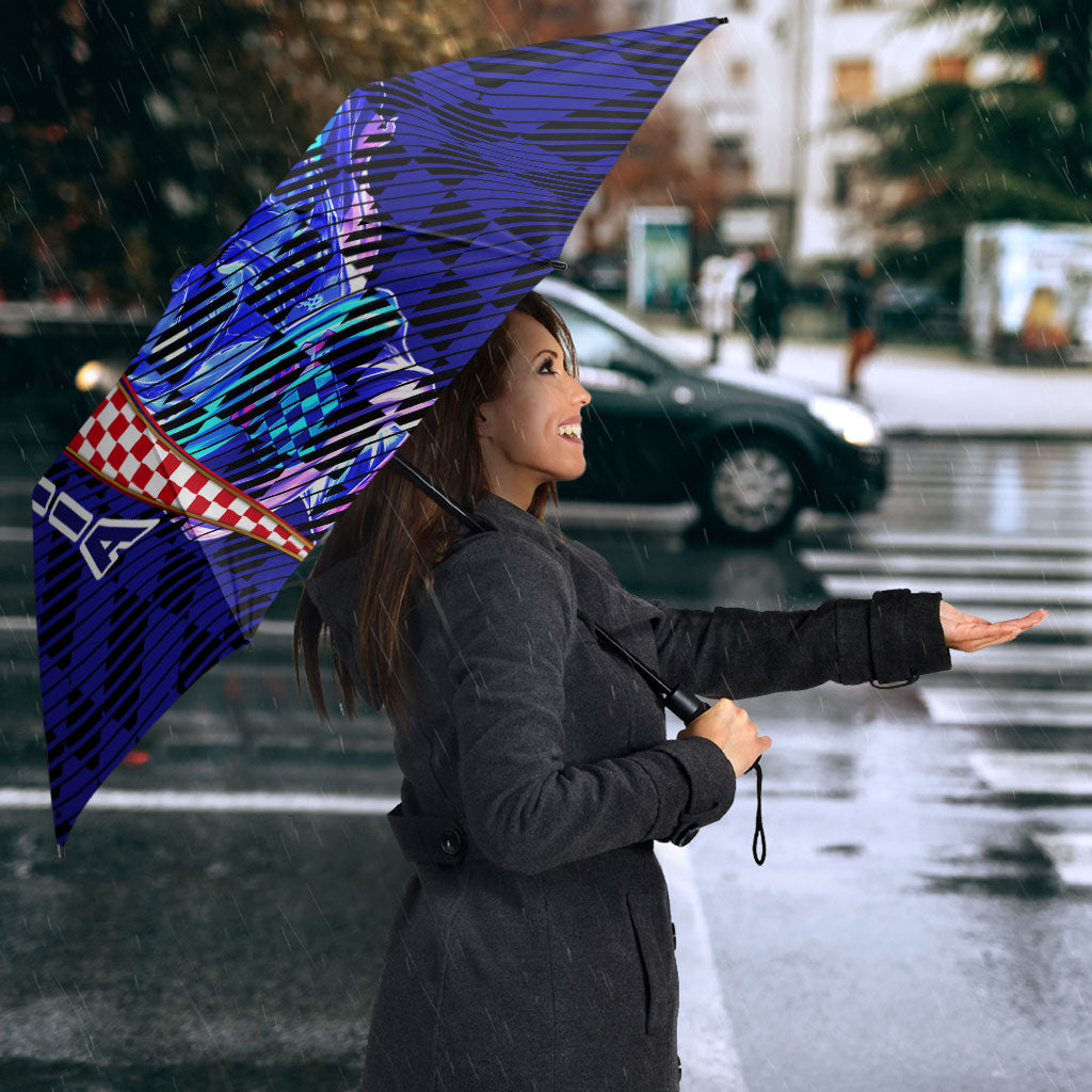 Personalized Croatia Football Umbrella Checkerboard Graphic - Golden Champion Trophy And Flag