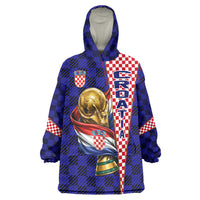 Personalized Croatia Football Wearable Blanket Hoodie Checkerboard Graphic - Golden Champion Trophy And Flag