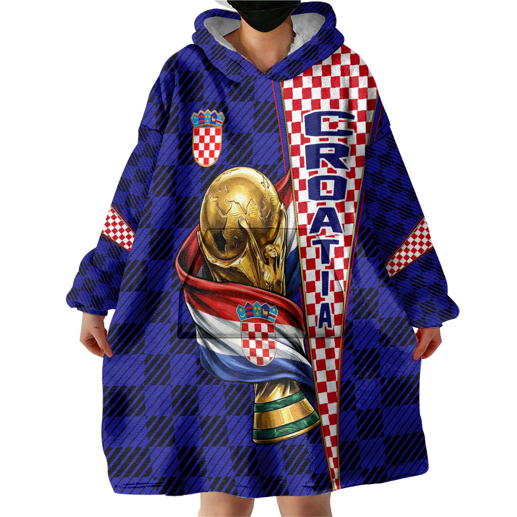 Personalized Croatia Football Wearable Blanket Hoodie Checkerboard Graphic - Golden Champion Trophy And Flag