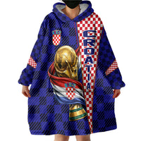 Personalized Croatia Football Wearable Blanket Hoodie Checkerboard Graphic - Golden Champion Trophy And Flag