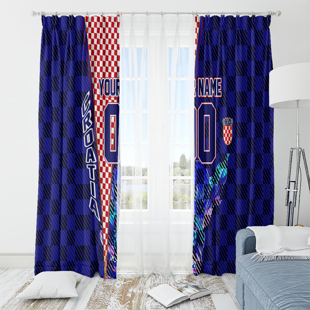 Personalized Croatia Football Window Curtain Checkerboard Graphic - Golden Champion Trophy And Flag