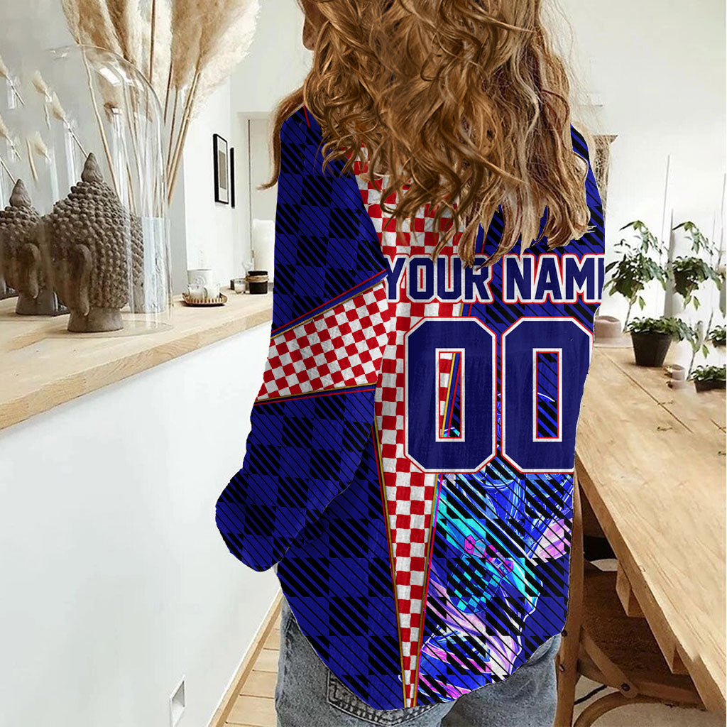 Personalized Croatia Football Women Casual Shirt Checkerboard Graphic - Golden Champion Trophy And Flag
