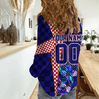 Personalized Croatia Football Women Casual Shirt Checkerboard Graphic - Golden Champion Trophy And Flag