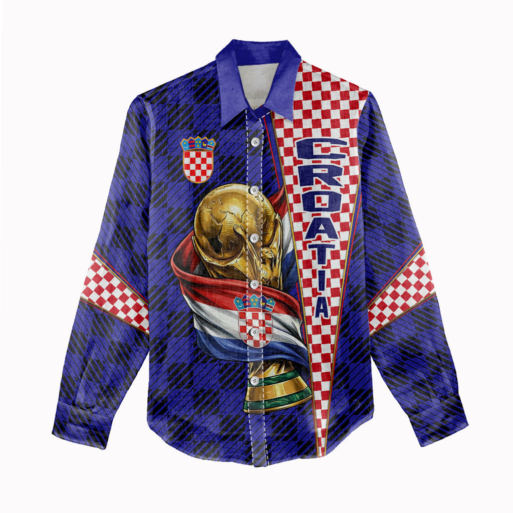 Personalized Croatia Football Women Casual Shirt Checkerboard Graphic - Golden Champion Trophy And Flag