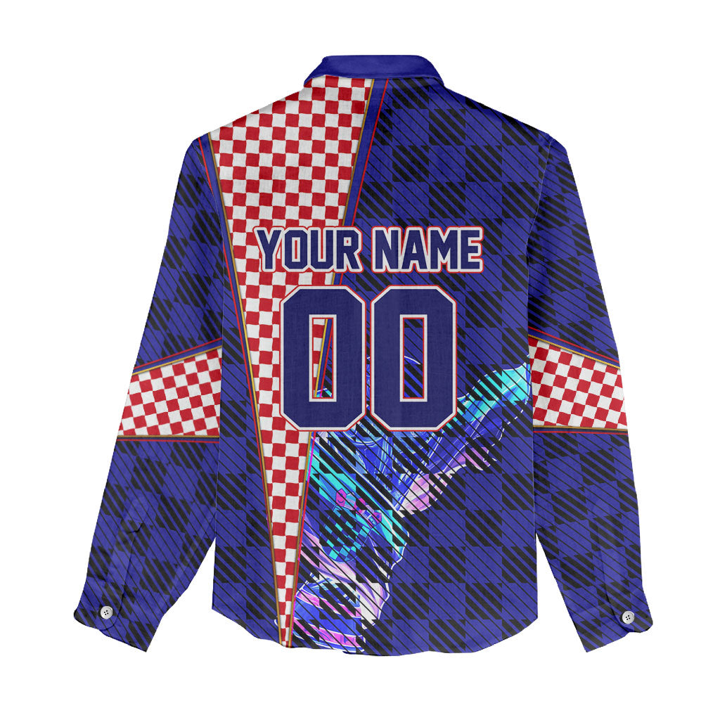 Personalized Croatia Football Women Casual Shirt Checkerboard Graphic - Golden Champion Trophy And Flag